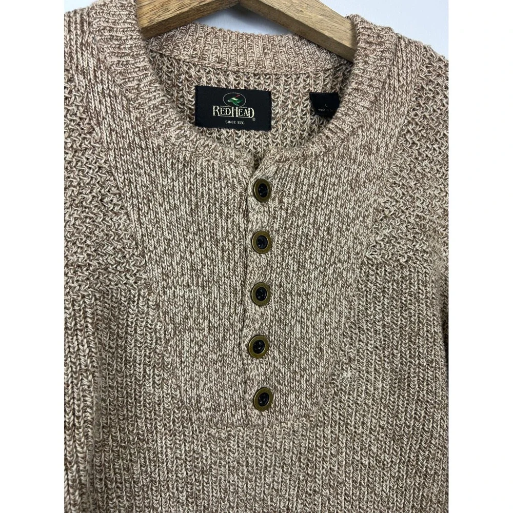 Vintage REDHEAD Sweater Large Tan ‎ Knit Henley Brass Button Pullover Fisherman